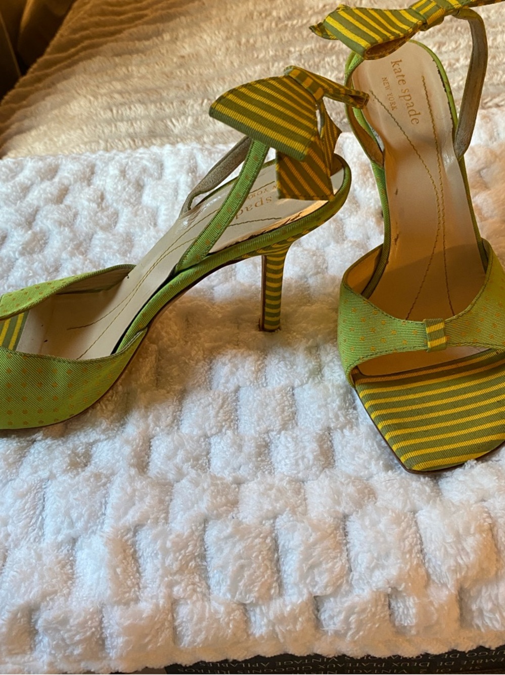 kate spade Lime Green and Yellow Striped Bow Ankle-Strap Heels